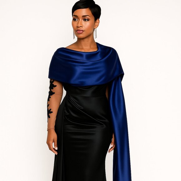 Elegant Satin Evening Wrap Shawl – Blue - Picture 2 of 3